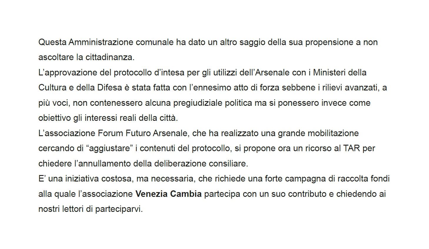 Arsenale ricorso al Tar